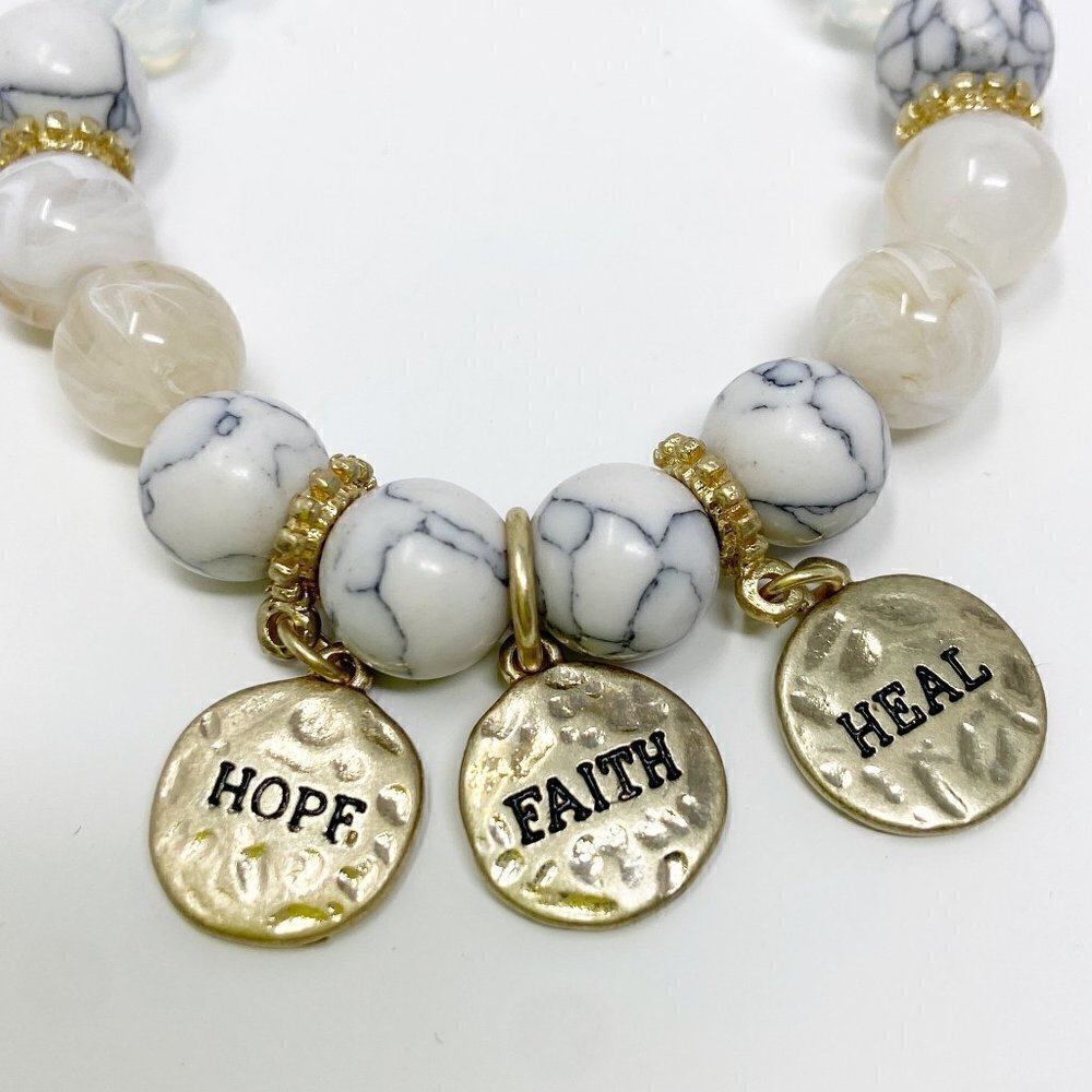 White Beaded Stretch Bracelet w/Hope, Faith & Heal Charms - Picture 3 of 4
